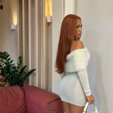 Solid Color One-Shoulder Patchwork Plush Dress GAXB-A329DS
