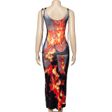 Flame Print Sling Long Dress GAXB-W055DS