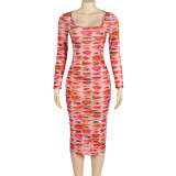 See Through Mesh Print Long Dress GAXB-A199DS