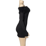 Solid Color One-Shoulder Patchwork Plush Dress GAXB-A329DS