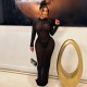 Solid Long Sleeve Mesh Long Hollow Out Dress GAXB-A283DS