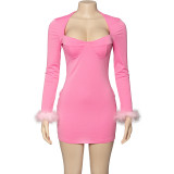 Long Sleeve Feather Patchwork Mini Dress GAXB-A301DS
