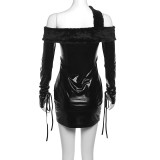 Solid One Shoulder Long Sleeve Mini Dress GAXB-W074DS