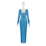 Tie Up Flare Sleeve V Neck Maxi Dress GAXB-A295DS