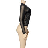 Solid Mesh Patchwork Long Sleeve See-Through Top GAXB-A292TP