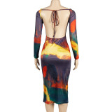 Print Long Sleeve Slim Midi Dress GAXB-A201DS