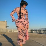 Mesh Flocked Long Sleeve Sexy Midi Dress GAXB-A251DS