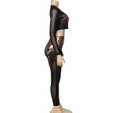 Long Sleeve Mesh Patchwork Pants Suit GAXB-A318ST