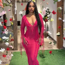 Tie Up Flare Sleeve V Neck Maxi Dress GAXB-A295DS