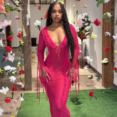 Tie Up Flare Sleeve V Neck Maxi Dress GAXB-A295DS