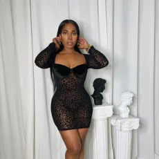 Leopard Print Flocked Mesh Mini Dress GAXB-A342DS