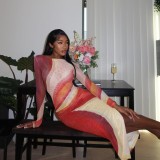 Sexy Mesh Color Block Print Maxi Dress GAXB-A401DS