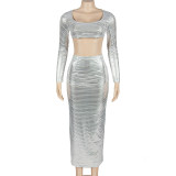 Solid Color Glossy Long Sleeve Long Skirt Set GAXB-A215ST