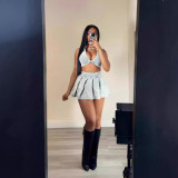 Fashion Casual Lapel Top Short Skirt Two Piece Set XMCS-CS20242257