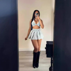 Fashion Casual Lapel Top Short Skirt Two Piece Set XMCS-CS20242257