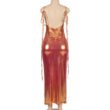 Glossy Sleeveless Tie Up Maxi Dress GAXB-A223DS