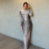 Stripe Print Long Sleeve Maxi Dress GAXB-A228DS