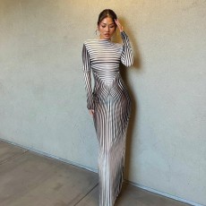 Stripe Print Long Sleeve Maxi Dress GAXB-A228DS