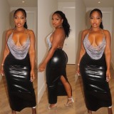 Solid PU Leather Split Long Skirt GAXB-A280SK