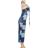 Mesh Print Patchwork Halter Maxi Dress GAXB-A231DS