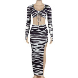 Zebra Print Long Sleeve Lace-Up Top Split Long Skirt Set GAXB-A244ST