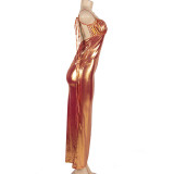 Glossy Sleeveless Tie Up Maxi Dress GAXB-A223DS
