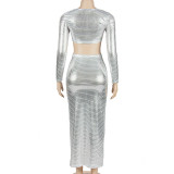Solid Color Glossy Long Sleeve Long Skirt Set GAXB-A215ST