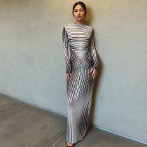 Stripe Print Long Sleeve Maxi Dress GAXB-A228DS