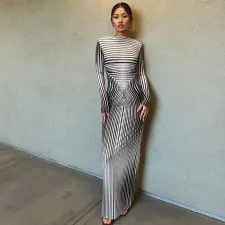 Stripe Print Long Sleeve Maxi Dress GAXB-A228DS
