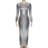 Stripe Print Long Sleeve Maxi Dress GAXB-A228DS