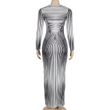 Stripe Print Long Sleeve Maxi Dress GAXB-A228DS