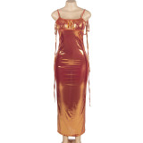 Glossy Sleeveless Tie Up Maxi Dress GAXB-A223DS