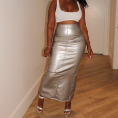 Solid PU Leather Split Long Skirt GAXB-A280SK
