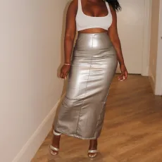 Solid PU Leather Split Long Skirt GAXB-A280SK