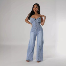 Fashion Tube Tops Single-breasted Denim Jumpsuit GKNF-TSJ-6978