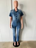 Casual Short Sleeve Lapel Denim Jumpsuit GKNF-TSJ-1380