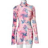 Mesh Print Flare Sleeve Split Mini Dress GYSL-18718