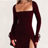 Solid Square Neck Long Sleeve Mini Dress GYSL-19922