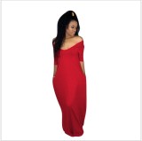 Solid Loose Shoulder Short Sleeve Maxi Dress GYSL-3226