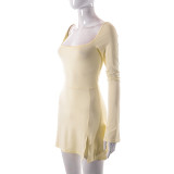 Solid Square Neck Long Sleeve Mini Dress GYSL-19922