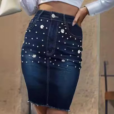 Beaded Raw Edge Denim Half Body Skirt GKNF-TSX-11009
