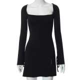 Solid Square Neck Long Sleeve Mini Dress GYSL-19922