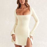 Solid Square Neck Long Sleeve Mini Dress GYSL-19922