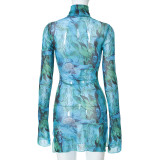 Mesh Print Flare Sleeve Split Mini Dress GYSL-18718