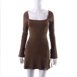Solid Square Neck Long Sleeve Mini Dress GYSL-19922