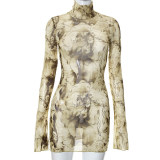 Mesh Print Flare Sleeve Split Mini Dress GYSL-18718