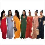 Solid Loose Shoulder Short Sleeve Maxi Dress GYSL-3226