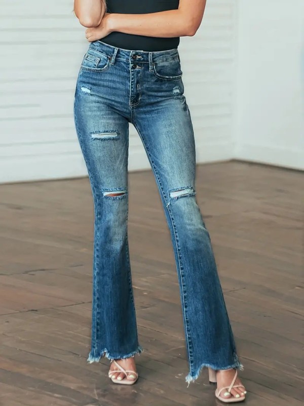 Casual Holes Micro Flare Washed Jeans GKNF-TS-T244306(Z8180)