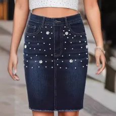 Beaded Raw Edge Denim Half Body Skirt GKNF-TSX-11009
