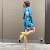 Mesh Print Flare Sleeve Split Mini Dress GYSL-18718